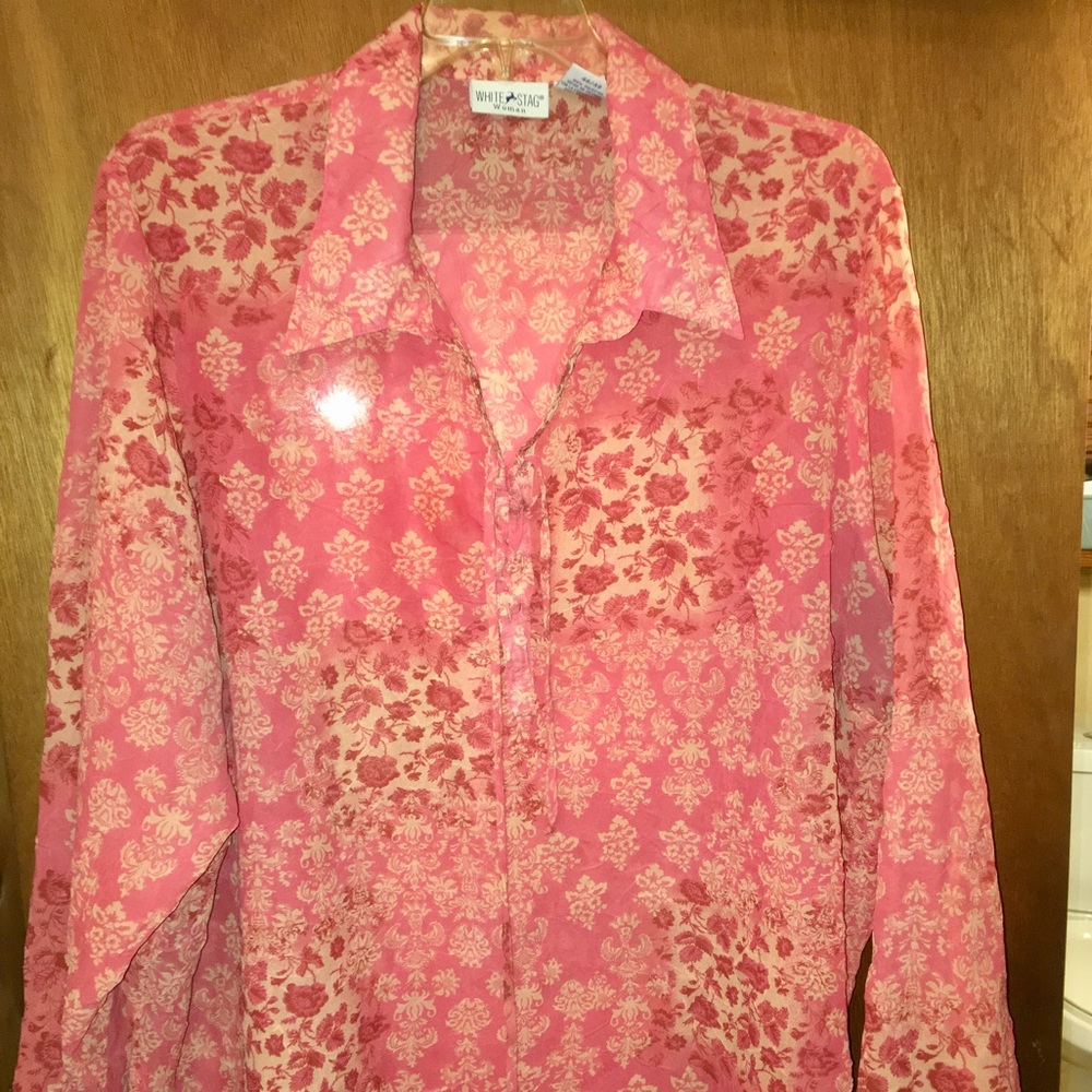 Plus size floral apricot and pink sheer blouse